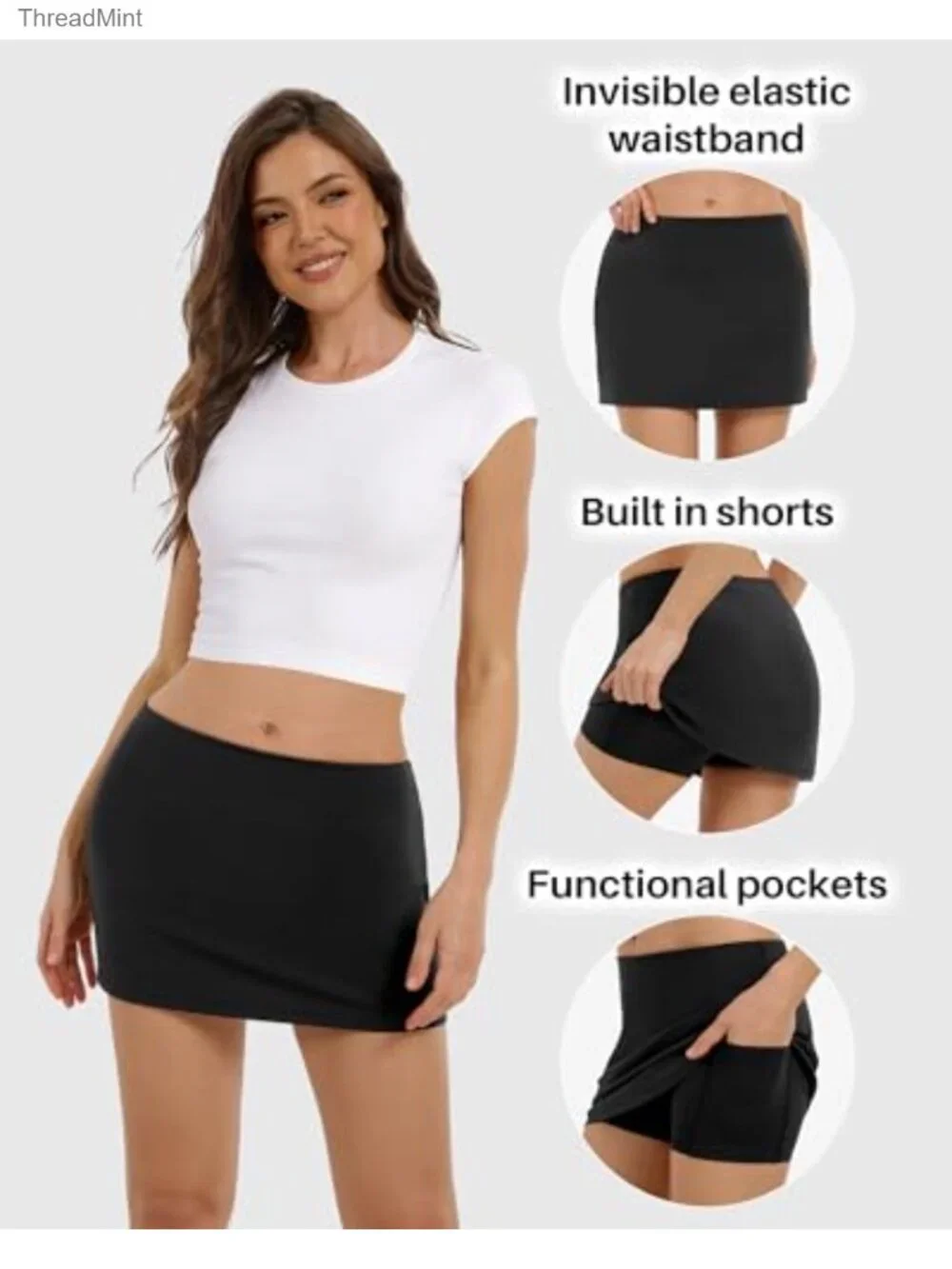 Women's A-Line Mini Skort with Pockets, Built-in Shorts, Elastic Waistband